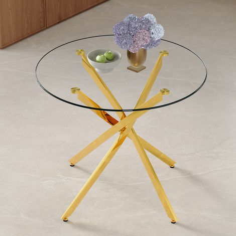 Runder Esstisch 88x88x75 cm Gold/Transparent aus gehärtetem Glas und Metall mit abgerundeten Kanten (1/5)