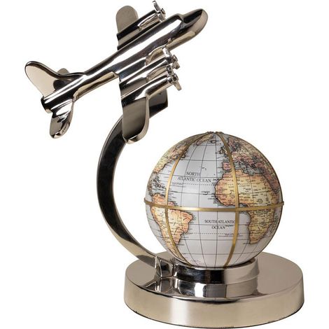 Mappemonde En Métal Argenté Décollage Avion Vintage 32x29x30cm (1/5)