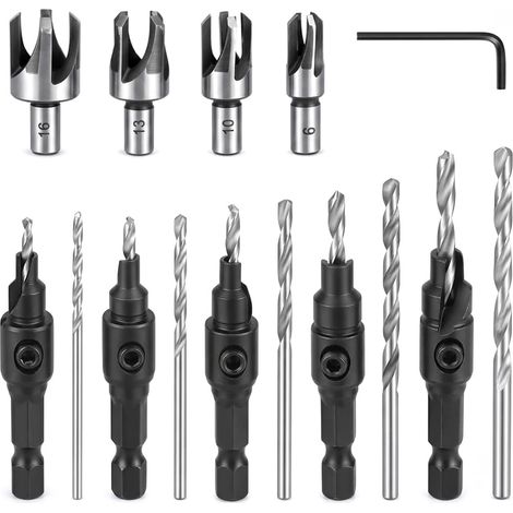 15 Pièces Jeu de Forets à Chanfreiner 5×Foret Chanfreiner 4×Meche a Bouchonner Bois 5×Remplacer le Foret et 1×Clé Hexagone Foret Bois (1/5)