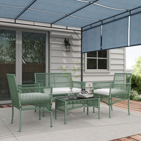 Ensemble jardin en rotin 4 pièces 2 fauteuils canapé table basse - Couleur: Vert