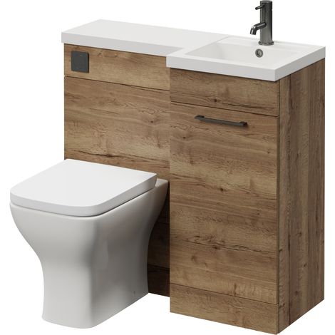 Napoli 390 Tobacco Oak 900mm Single Door Vanity Unit Toilet Suite with Right Hand Square Lucia Basin - 900mm - Gunmetal Grey 160mm HandleWith Kingston Toilet Pan and Seat