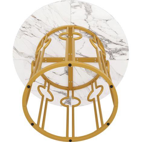 Table à manger, effet marbre, éléments réglables, en MDF et métal, 100 x 100 x 76 cm, doré et blanc (1/5)