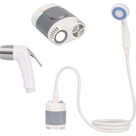 Douche de camping portable (grise) avec tuyau et pulvérisateur, pompe de douche électrique rechargeable pour l'extérieur, idéale pour le nettoyage des animaux et la douche. (1/4)
