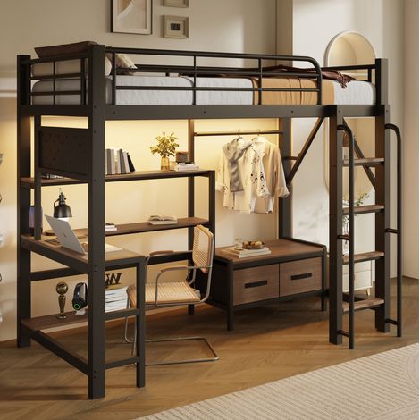 Cama alta (90x200 cm), con escritorio integrado, estanterías, cajones de tela, metal y MDF, negro (1/5)