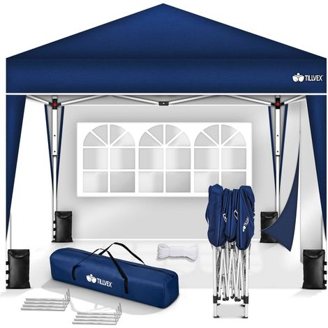 tillvex Pavillon 3x3m Blau - mit 2 Seitenteilen wasserdicht  Pop-Up Faltpavillon höhenverstellbar  Gartenzelt UV Schutz 50+  Partyzelt mit Tasche für Garten