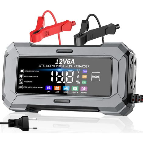Chargeur Batterie Voitures, 12V Intelligent Chargeur Batterie Moto avec Fonction Réparation, 6A Chargeur de Batterie Lithium LiFePO4 AGM, Portable Maintien de Charge Batterie Moto/Voiture (1/5)