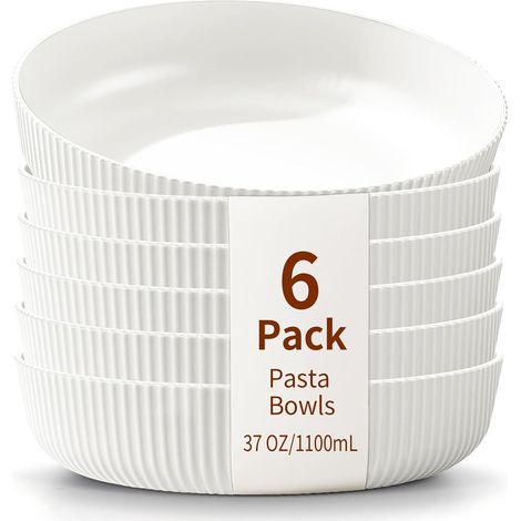 Bols à Pâtes Ensemble de 6, Assiettes Creuses, Bols à Salade de 1100 ml Bols à Soupe Blancs, Grands Bols de Service Pour Pâtes, Bols en Plastique Incassables, Lavable au Lave-Vaisselle(Blanc) (1/5)
