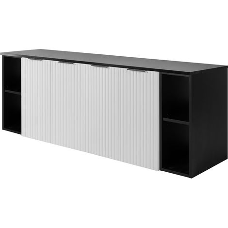Furnidea - Meuble sous vasque suspendu FLOW BLANC 160 cm avec 2 x l'étagères - extensions et plan NOIR - 4 portes - façades rainurées (1/5)