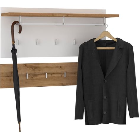 Idimex – Portemanteau mural 9 patères – Chêne wotan et blanc – Dimensions 60 x 90 x 30 cm – Étagère de rangement pratique