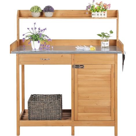 Homevive Mesa de Trabajo Jardín 112 x 46cm Altura 125 cm Mesa Cultivo Jardinería para Terraza Balcón con Cajón y Gabinete y 3 Ganchos y Encimera Galvanizada Mesa Germinación Color Madera Natural (1/5)