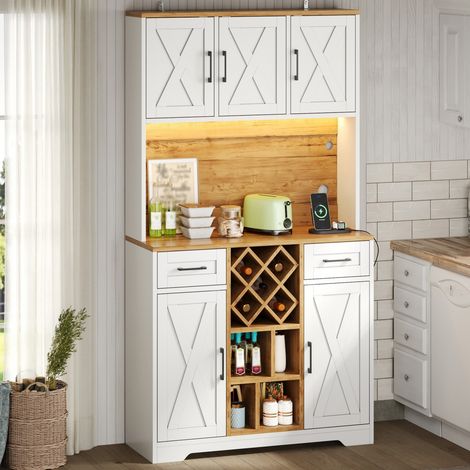 Meuble haut de cuisine 105x40x180 cm, armoire de rangement avec éclairage LED, casiers à vin, vitrine pour salon et salle à manger, naturel et blanc (1/5)