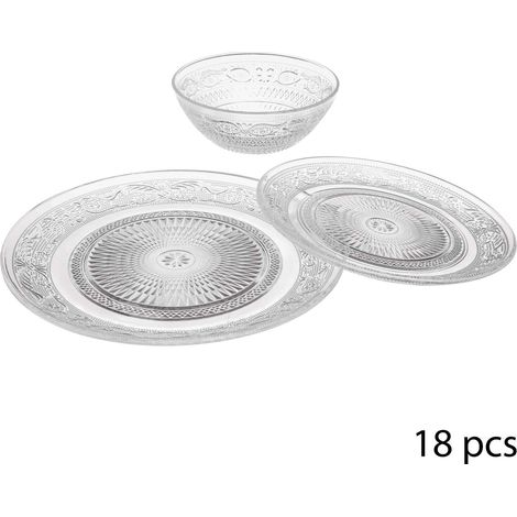 Service vaisselle 18 pièces – 6 assiettes plates 22,7 cm – 6 petites assiettes 18 cm – 6 coupelles 13,5 cm en verre transparent – Secret De Gourmet