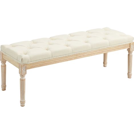 Beyamis Banc classique touffeté 115cm fin de lit Rembourré en lin - bois de caoutchouc sculpté, patiné - crème (1/5)
