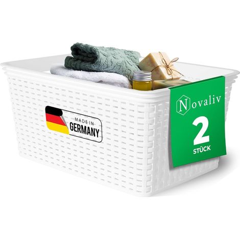 Panier de rangement élégant Novaliv 2 pièces aspect rotin Plastique blanc 14L Parfait pour la salle de bain et le rangement des vêtements. Boîte