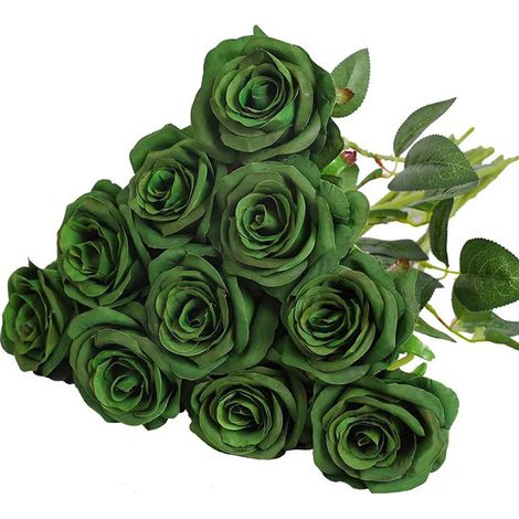 Lot de 10 roses artificielles rouges en flanelle, fleurs artificielles réalistes et décoratives pour mariage, maison et jardin, vert foncé (1/5)