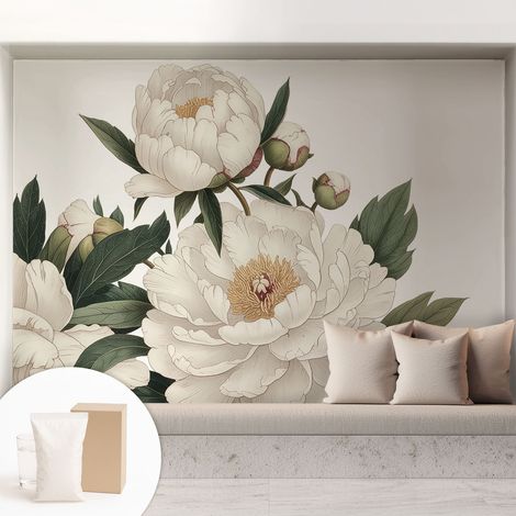 Papier peint intissé décoratif avec motifs pour salon et chambre a motif - Colle incluse gratuite Pivoines blanches 208x146 cm (1/5)