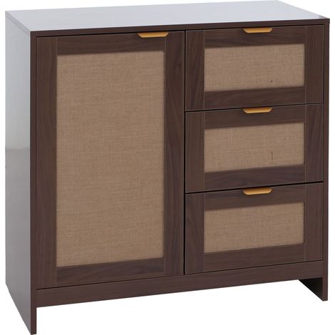 Comò HHG-182, cassettiera credenza highboard, cassetti contenitore, MDF melaminico frontale in lino, color noce
