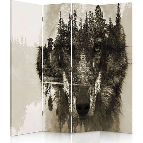 Paravent Design Loup et Forêt pour Décoration Intérieure - 145 x 150 cm - 2 faces R° V° + rotation 360° (1/5)