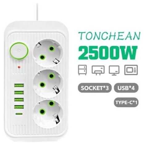 Steckdosenleiste mit 3 Steckdosen und 4 USB-Anschlüssen (1 USB-C-Anschluss), 8-in-1-Steckdosenleiste für Zuhause und Büro, Weiß (1/5)