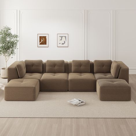 Canapé d'angle modulable U avec ottomane, 386 x 177 x 69 cm, velours côtelé marron DESVIAE (1/5)