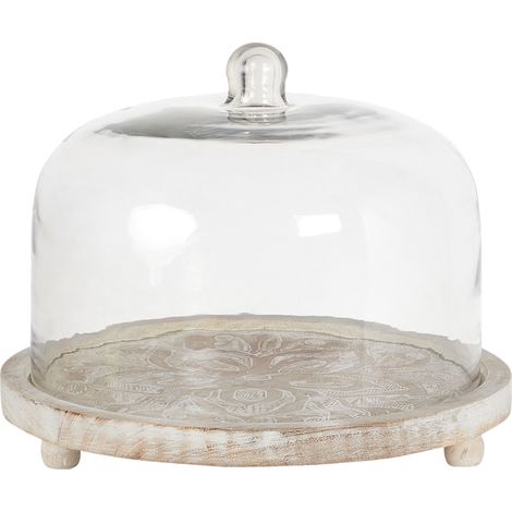 Soporte para tartas de madera clara de mango con tapa de vidrio expositor cúpula de repostería Fajum (1/5)