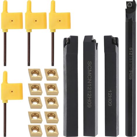 Barre alésage tour métaux, outil tournage indexable, set 4 porte-outils avec 10 plaquettes carbure et 4 clés, pour rainurage alésage filetage (1/5)