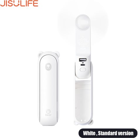 Mini ventilateur portable JISULIFE avec batterie externe intégrée, double usage, 129 g, pliable, chargement USB-C, batterie 4800 mAh, silencieux et doté d'une lampe torche. (1/5)