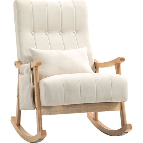 Fauteuil à bascule Orine rocking chair tissu effet lin coussin lombaire beige (1/5)