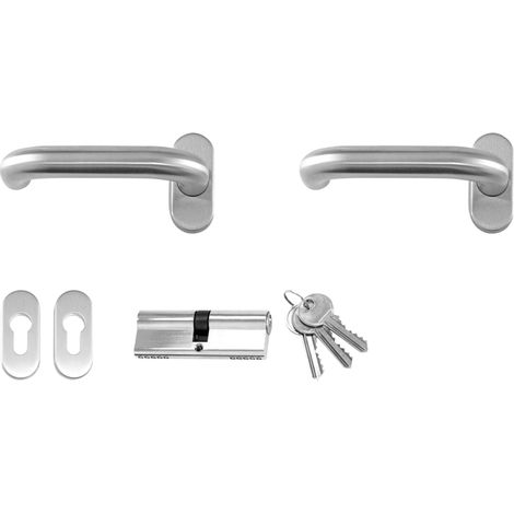 Meeth – Poignée de porte d'entrée à cylindre – Inox – Entraxe 70mm – Sens d'ouverture droite – 2 rosettes ovales – Cylindre 40/40 avec 3 clés