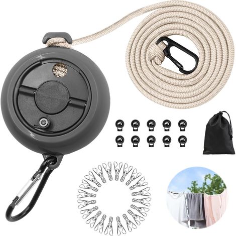 Stendibiancheria estensibile, stendibiancheria portatile da campeggio da 10 m, stendibiancheria da viaggio per esterni con 10 fibbie fisse, 20 clip per campeggio, bagno (1/5)
