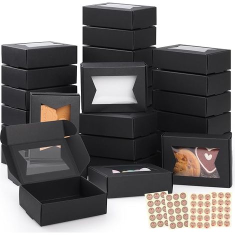 40 Mini Kraft Paper Boxes with Clear Windows 9.7 x 7 x 3 cm Small Bakery Box for Gifts, Sweets, Chocolates, Jewellery, Wedding Party Gifts, Black (1/5)