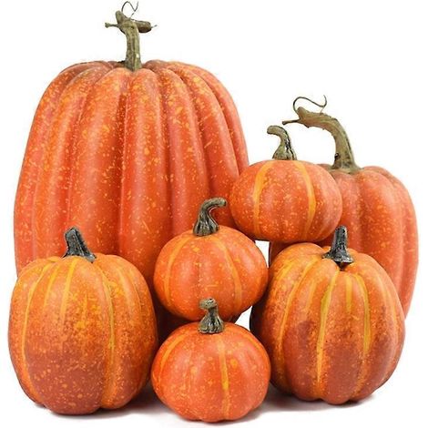 Set mit 7 künstlichen Deko-Kürbissen für die Herbsternte und Halloween, Tisch- oder Heimdekoration, herbstliches Ambiente, pflegeleicht.