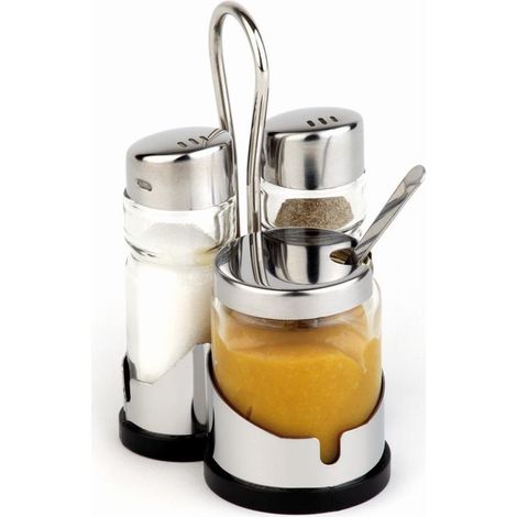 APS "Economic" pepe e sale, 3 pezzi con contenitore in acciaio inox Agitatore per sale, contenitore in vetro trasparente con coperchio in acciaio inox e tappo a vite, terzo contenitore in vetro per la