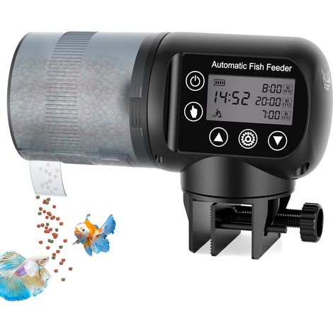 Distributeur automatique de nourriture pour poissons - 200 ml - Grande capacité - Résistant à l'humidité - Avec écran LCD - Alimenté par piles - Pour les vacances de fin de semaine (1/5)