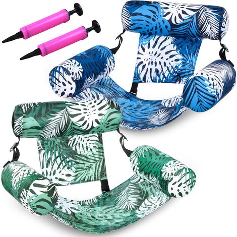 Lot de 2 matelas gonflables pour piscine avec pompe – hamac flottant aquatique pour adulte, transat de piscine confortable pour détente à la plage ou dans l’eau, Vert + Bleu (1/5)