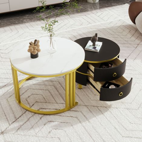 Table basse ronde 70x70x46 + 50x50x40 cm noire en MDF effet marbre avec rangement et finition brillante (1/5)