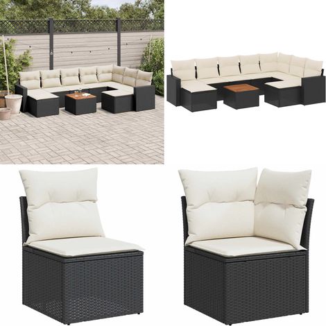 Salon de jardin 10 pcs avec coussins noir résine tressée - Ensemble Salon De Jardin - Mobilier Extérieur - Jardin Design - Chaise Lounge - Pouf Pliable - Home & Living