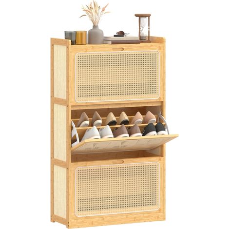 Meuble à chaussures en bambou étroit avec 3 tiroirs en rotin pour 18 à 21 paires 69x29x119,8 cm couleur naturelle (1/5)