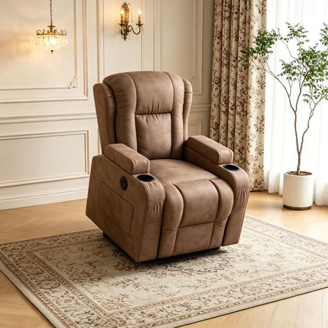 Fauteuil relax électrique avec massage marron – avec Chauffage, USB, Porte-Gobelets et Anti-Basculement, poches latérales