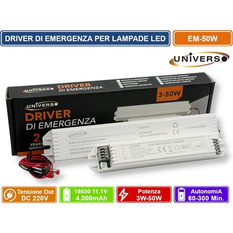 UNIVERSO EM-50W DRIVER DI EMERGENZA PER LAMPADE LED DA 3W A 50W AUTONOMIA FINO A 300 MINUTI USCITA DC 220V (1/5)