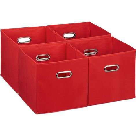 Lot de 4 Boîtes de Rangement, Pliables, Poignées, Polyester, Rouge, Étagère (1/5)