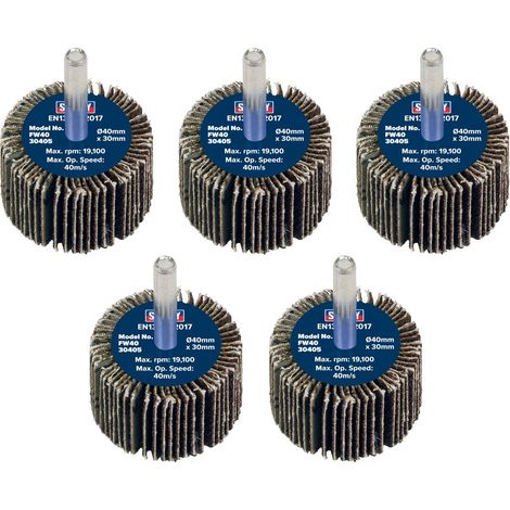 Sealey FW4030405 40 x 30mm Abrasive Flap Wheel on 6mm Shaft 40Grit - Pack of 5
