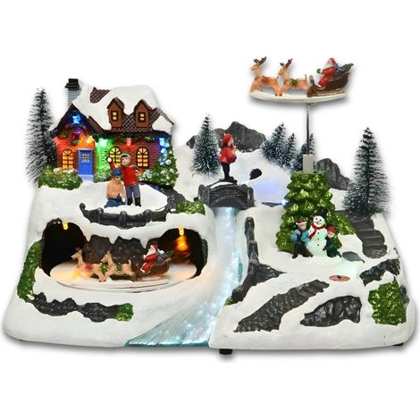 Villaggio di Natale con Babbo Natale sulla slittaa e ruscello Illuminato - Misura 31x20x18,5 cm - Giostra di Natale con luci, musica e movimento (1/5)