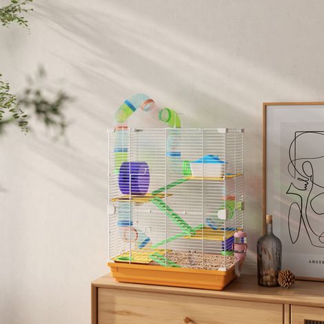 Cage pour hamster avec tunnel, plateformes, gamelle, biberon, maisonnette, rampes et roue d'exercice, 46 x 30 x 58 cm, orange