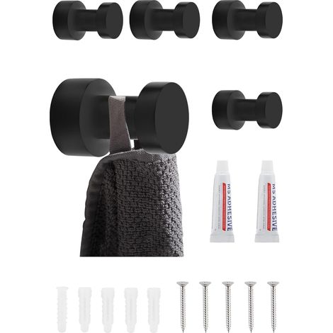 crochet mural, pour serviette salle de bain, cuisine, porte, armoire&placard, 5 paquets,aiton (noir) Noir -'Noir (1/5)