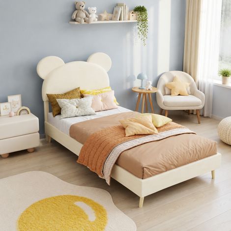 Cama tapizada 90x200 cm beige con cabecero cartoon, estructura de tela y metal HAVRYA (1/5)