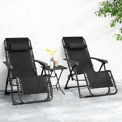 Set de 2 Tumbonas Jardín Exterior Plegables de Gravedad Cero con Mesa Auxiliar con Portavasos Reposacabezas Negro