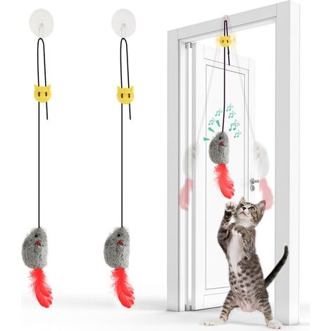 2Pcs Jouet Chat Interactif Souris Suspendue avec Queue à Plumes - Souris Suspendue avec Bruit et Corde Élastique - sans Piles, Idéal pour Jeu Autonome (1/5)