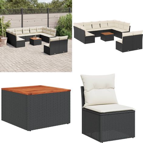 12-tlg. Garten-Sofagarnitur mit Kissen Schwarz Poly Rattan - Gartenmöbel Set - PE-Rattan Möbel - Outdoor Sofa - Esstisch - Lounge Set - Home & Living (1/5)