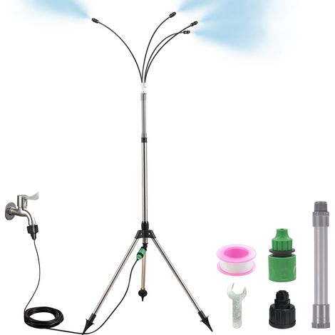 [Sistema de pulverización faltante] [Precio directo] Kit de nebulización para exteriores con 4 boquillas, manguera de 8 m de largo y 360° y enchufe de 3/4", estaca ajustable para patio/jardín/invernad